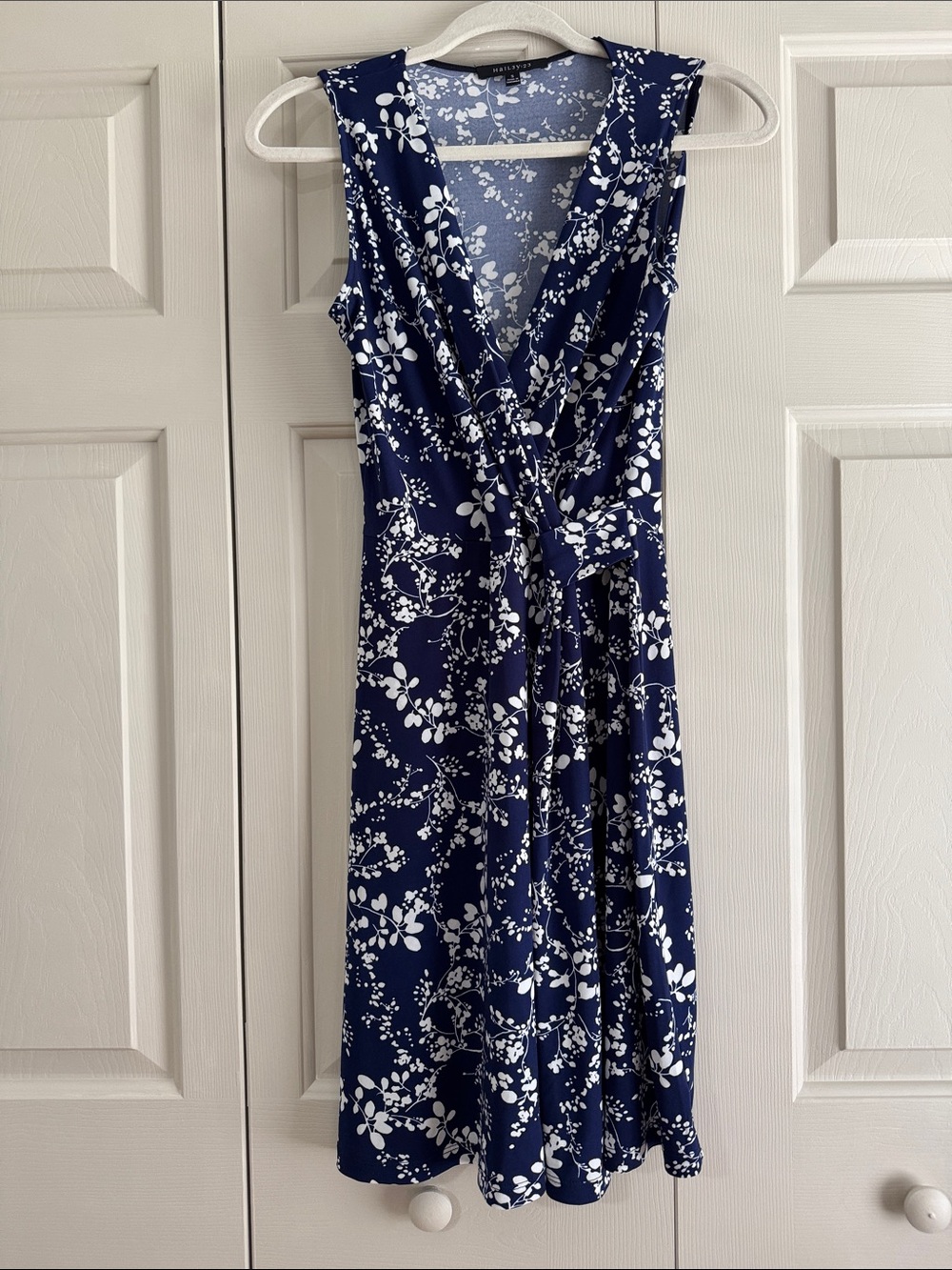 Sleeveless Navy Floral Wrap Midi Dress with Tie Waist